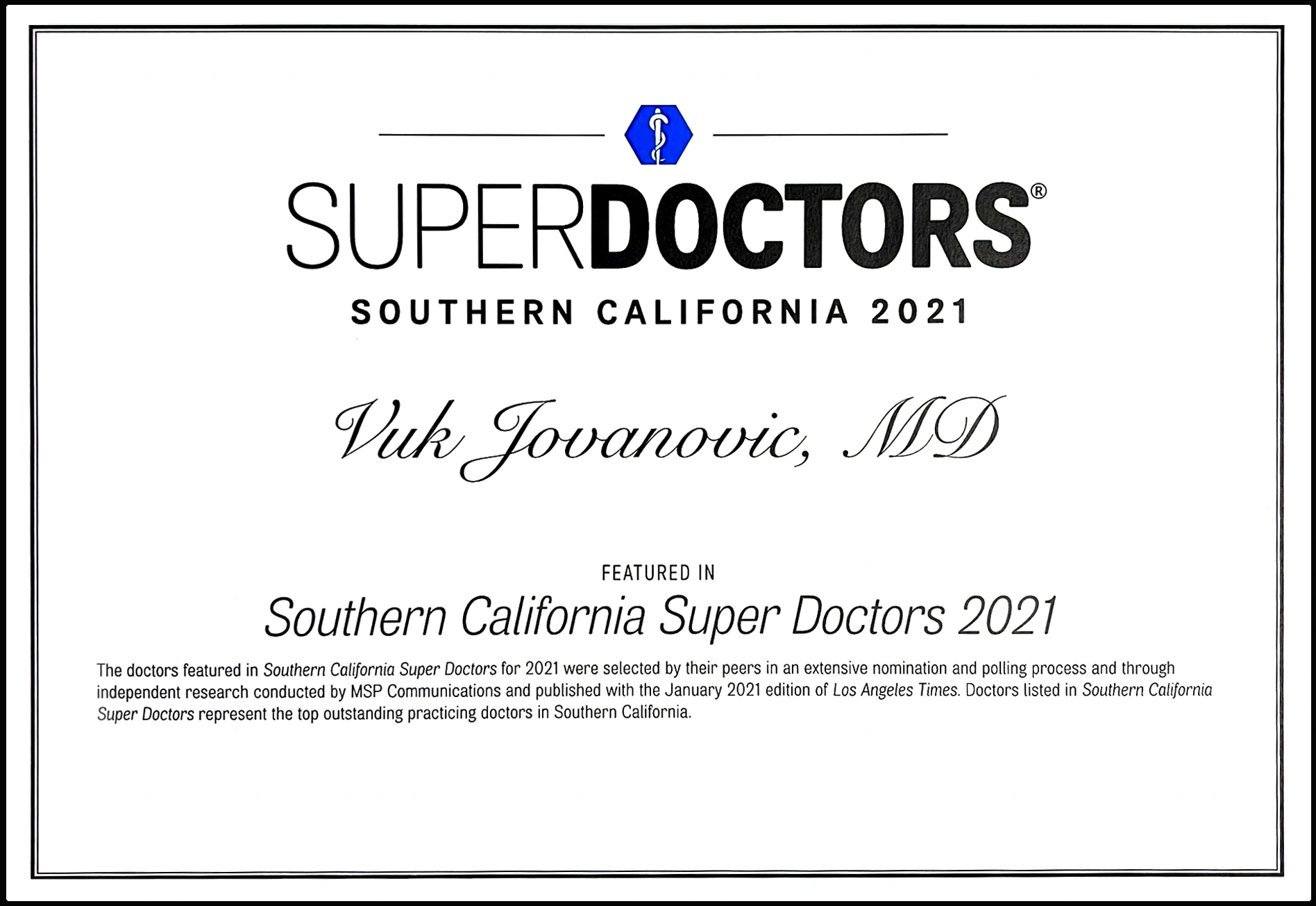 Dr.Vuk Jovanovic Super Doctors 2021 südkalifornische Auszeichnung